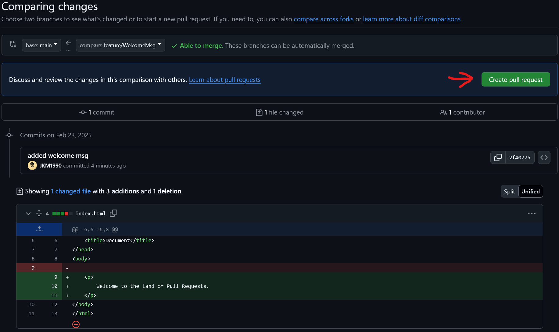 Branch comparison view showing commits and files