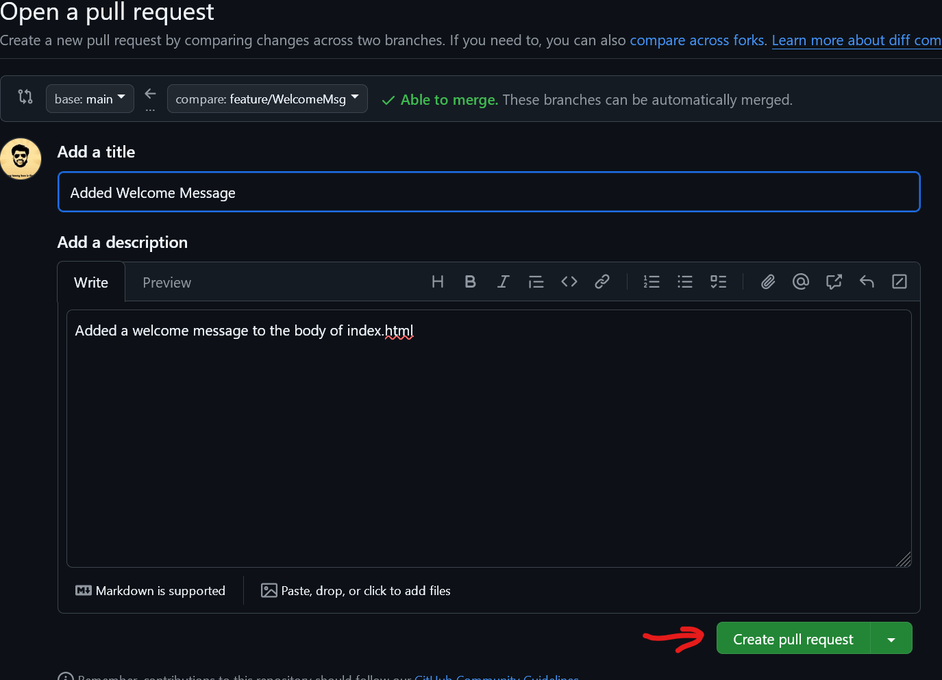 Pull request creation form with title and description